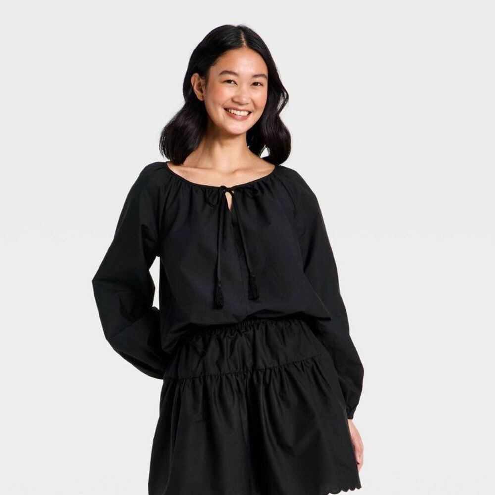 Women's Balloon Sleeve Tie-Front Top - A New Day Black S